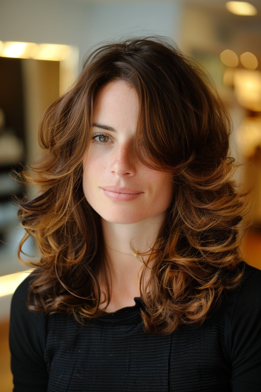 Layered haircut woman hairstyle. Chocolate brown mid-length curls with light caramel highlights.