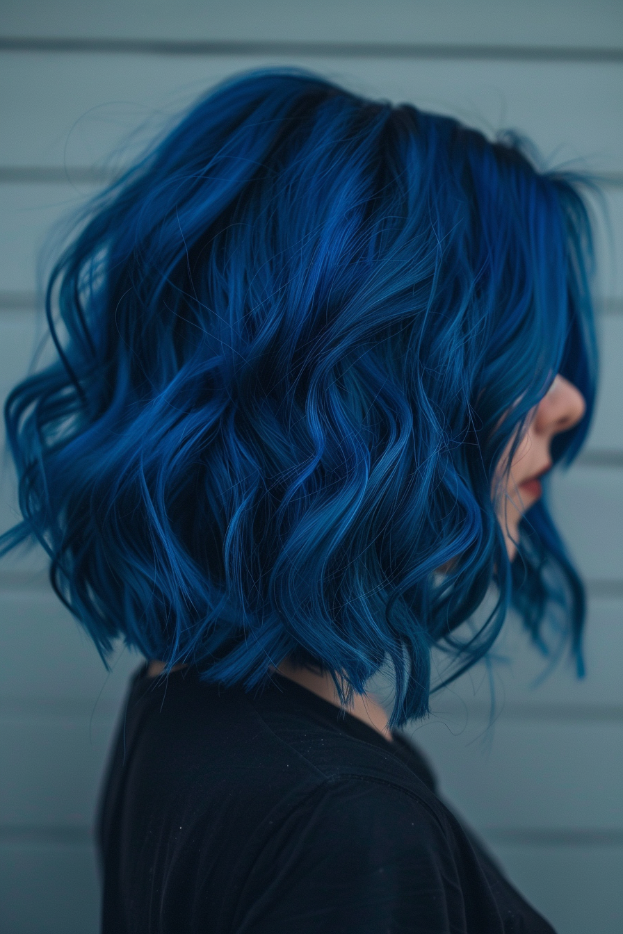 Woman hairstyle. Royal blue wavy bob.