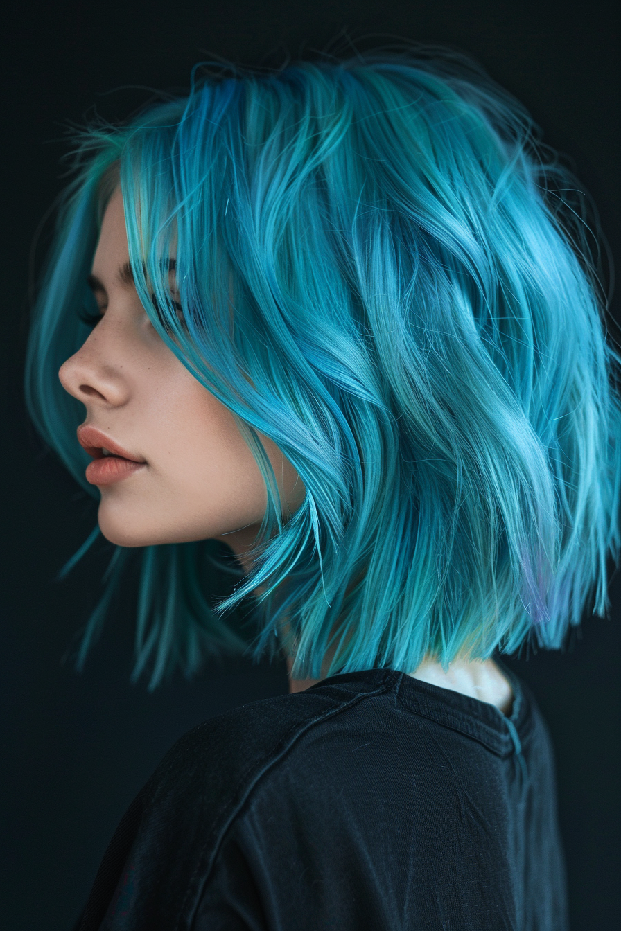 Blue hair color woman hairstyle. Franklin Boat deep sea bob with fluorescent stripes.