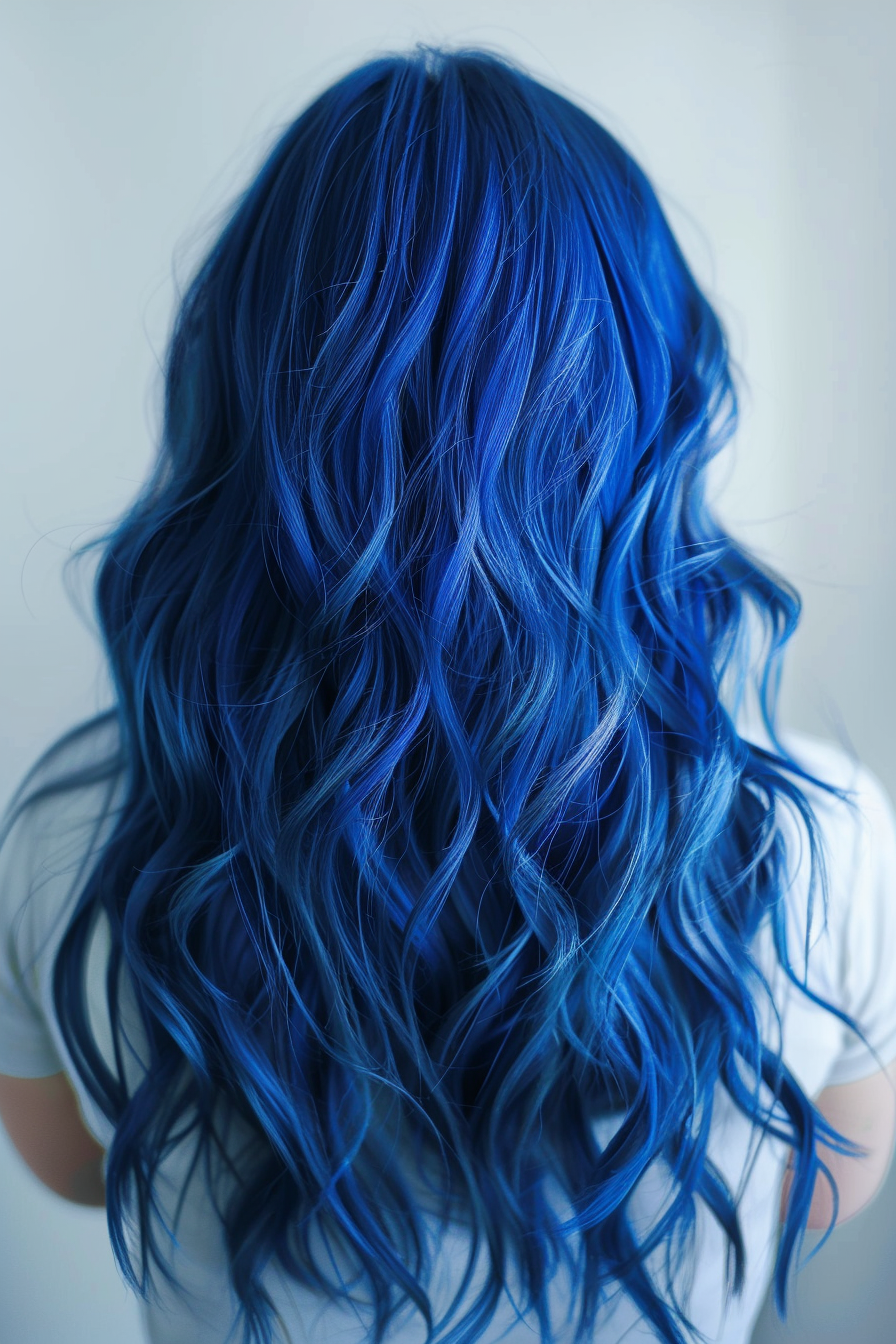 Blue hair color woman hairstyle. Long wavy locks with deep, cobalt blue tones.