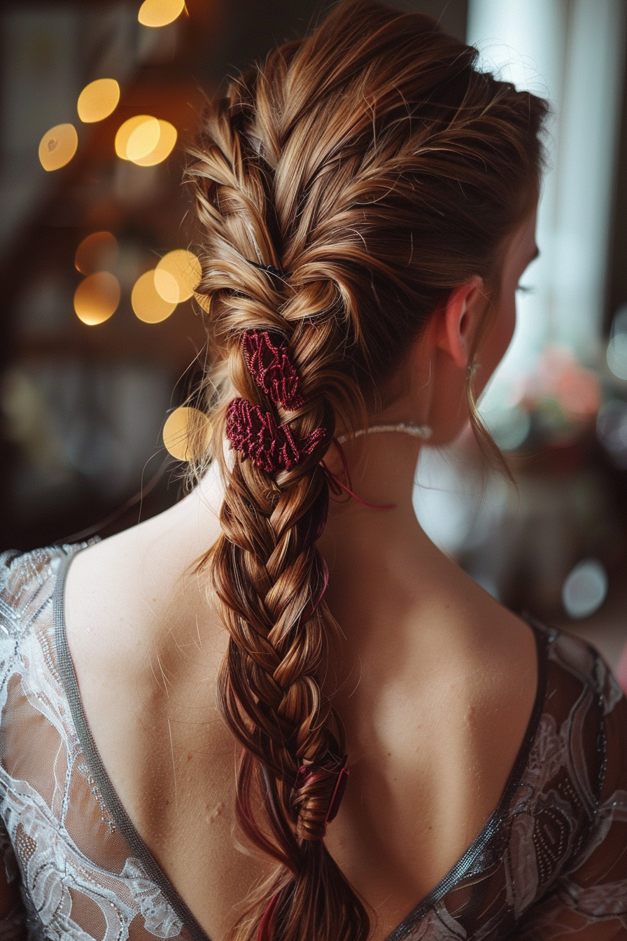 Braided hairstyle. Fishtail braid with burgundy hair ties.