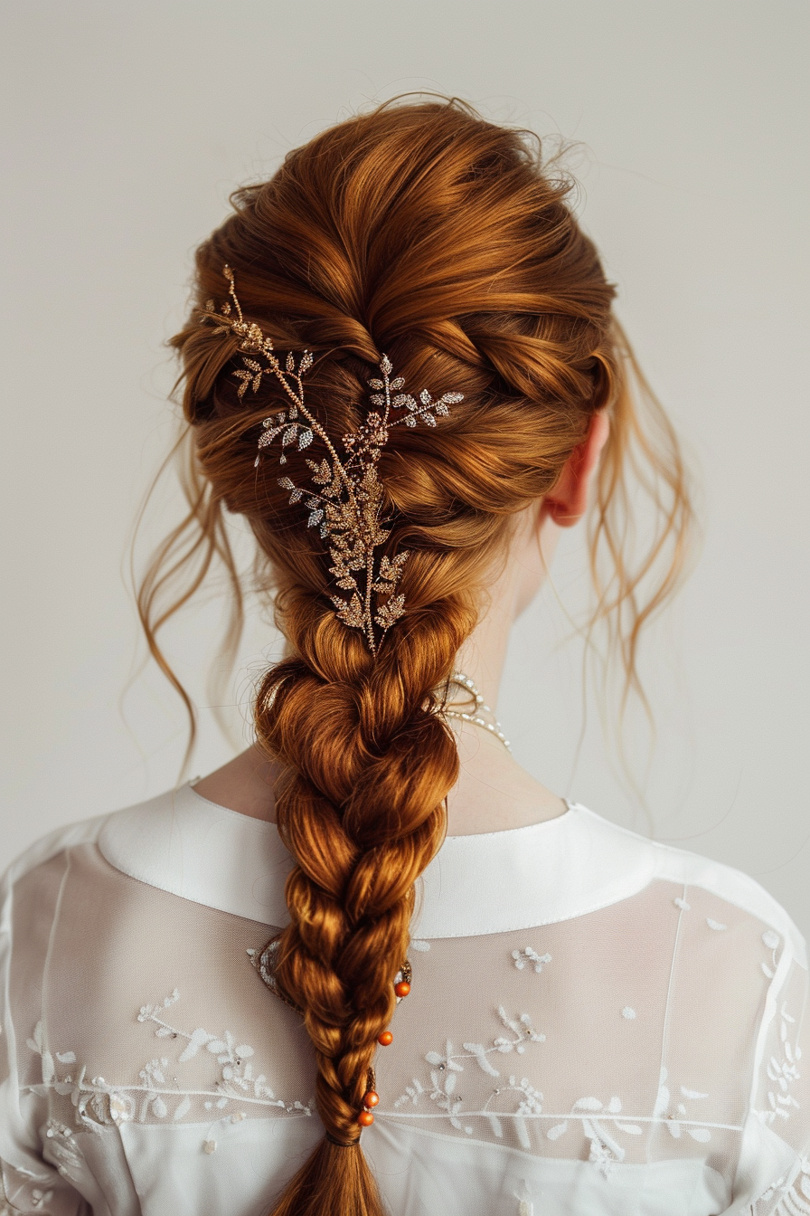 Woman hairstyle. Fishtail braid with embellished hair accessories.