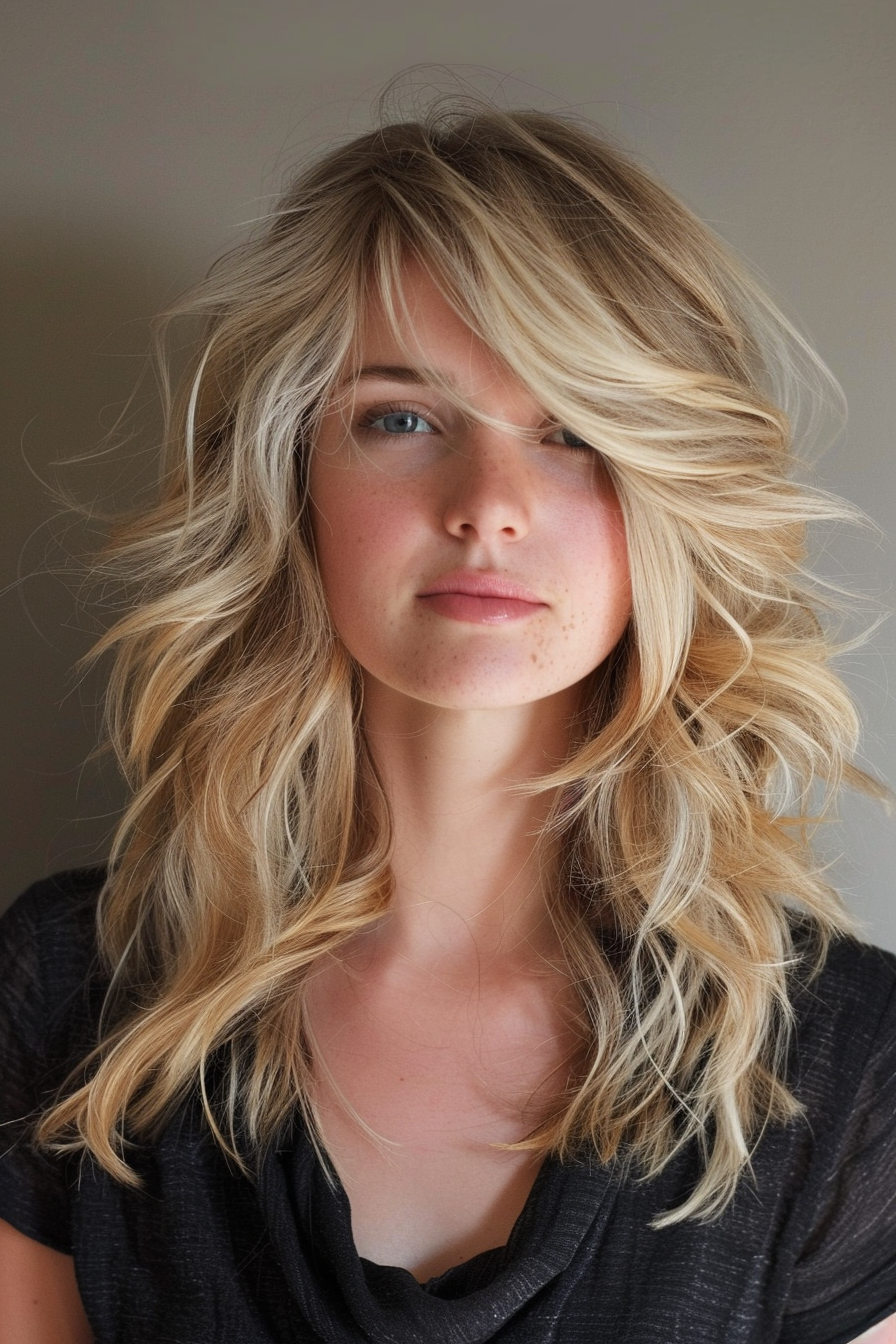 Front layered woman's haircut. Dark blonde waves, hip length with feathered ends.