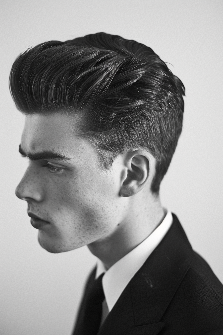 Low taper fade men's hairstyle. Sleek pompadour with a sharp part.