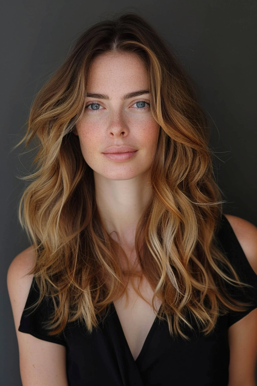 Front Layered Haircut Woman Hairstyle. Chestnut waves with blonde highlights.