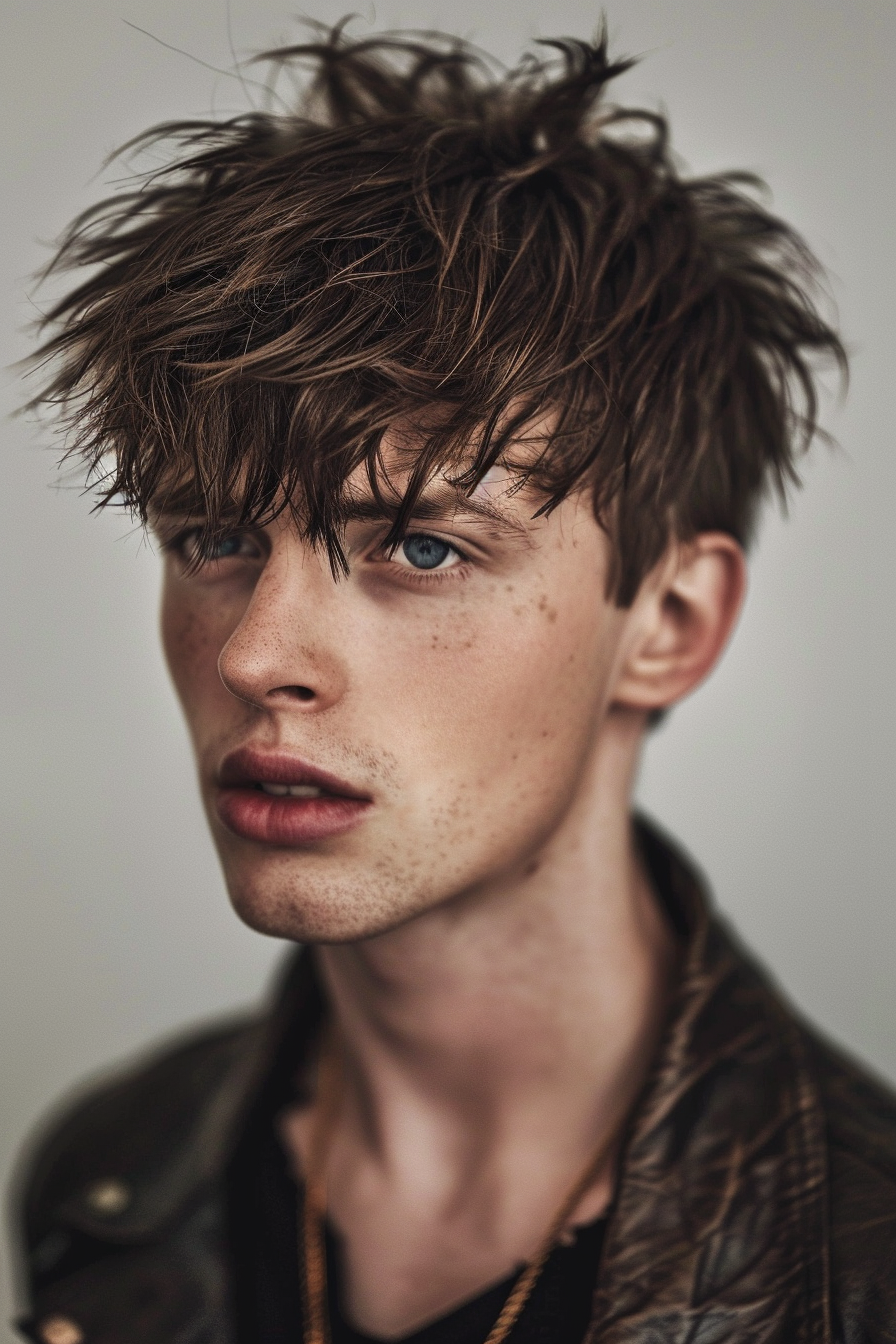 Edgar Cut Men Hairstyle. Highlighted fringe, closely clipped sides.