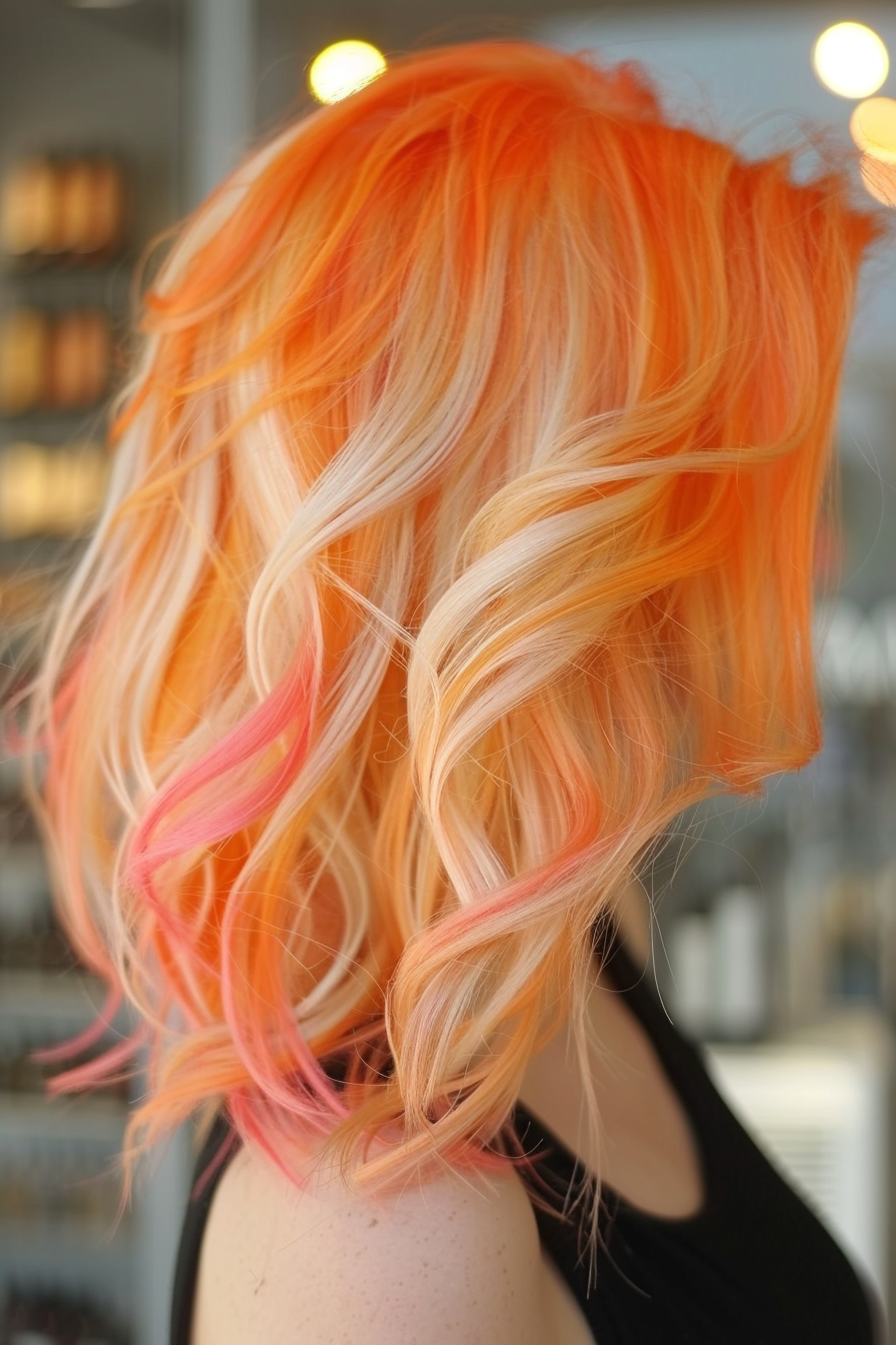 Summer hair color. Woman's lob hairstyle with vibrant peach highlights.