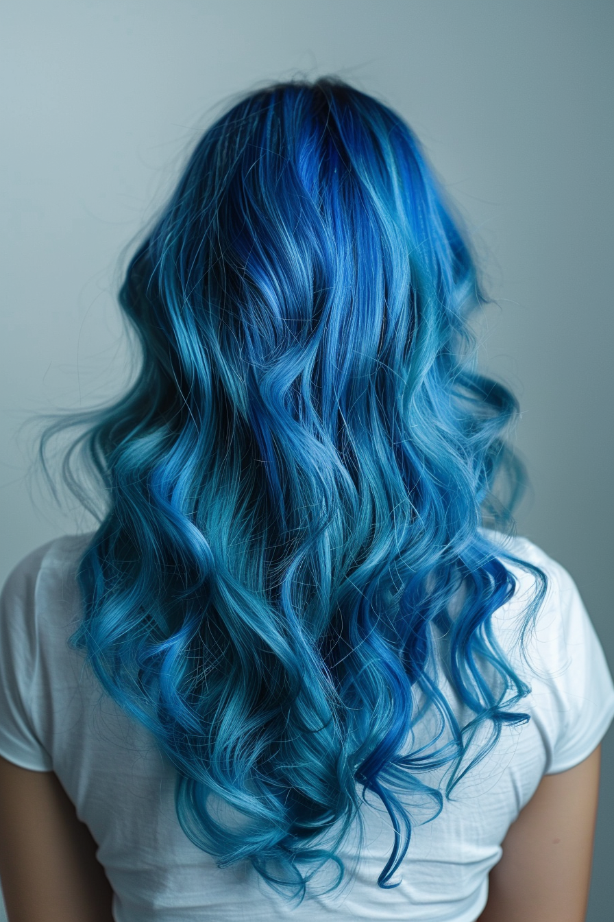 Blue hair color woman hairstyle. Long waves with electric blue highlights.