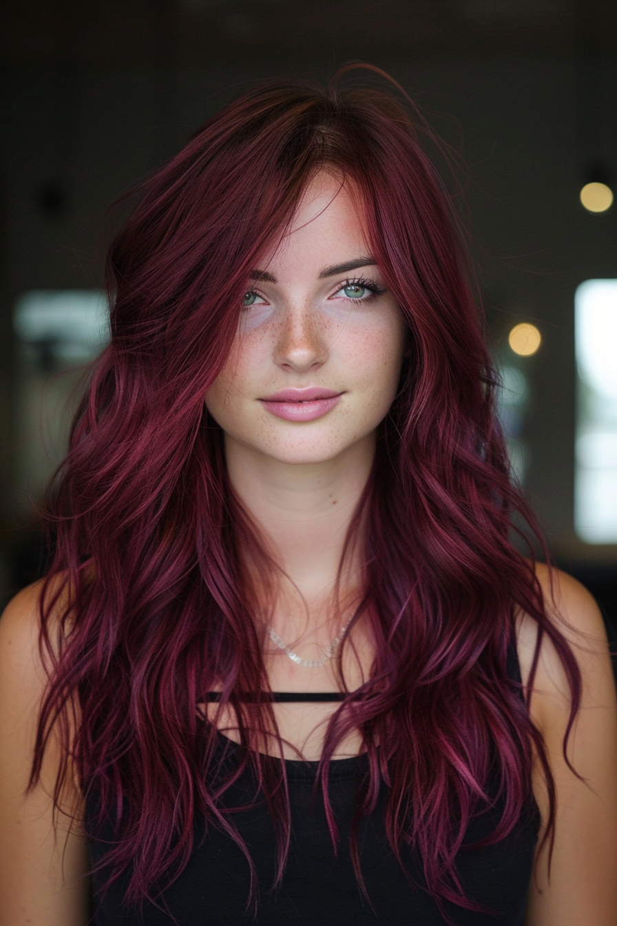 Long wavy hairstyle. Burgundy hair with side parting and subtle blonde streaks.