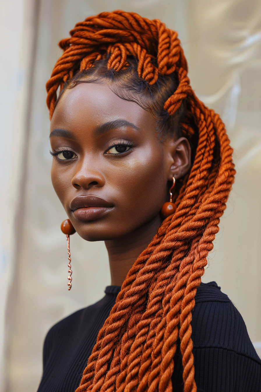 Two-strand twist. Copper hair color with beads at the end.