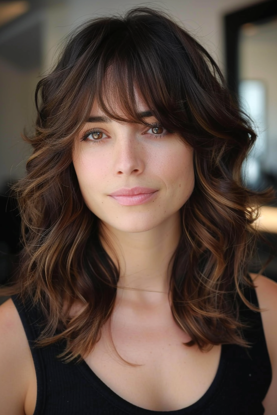 Shoulder-length woman hairstyle. Curtain bangs with chocolate brown highlights.