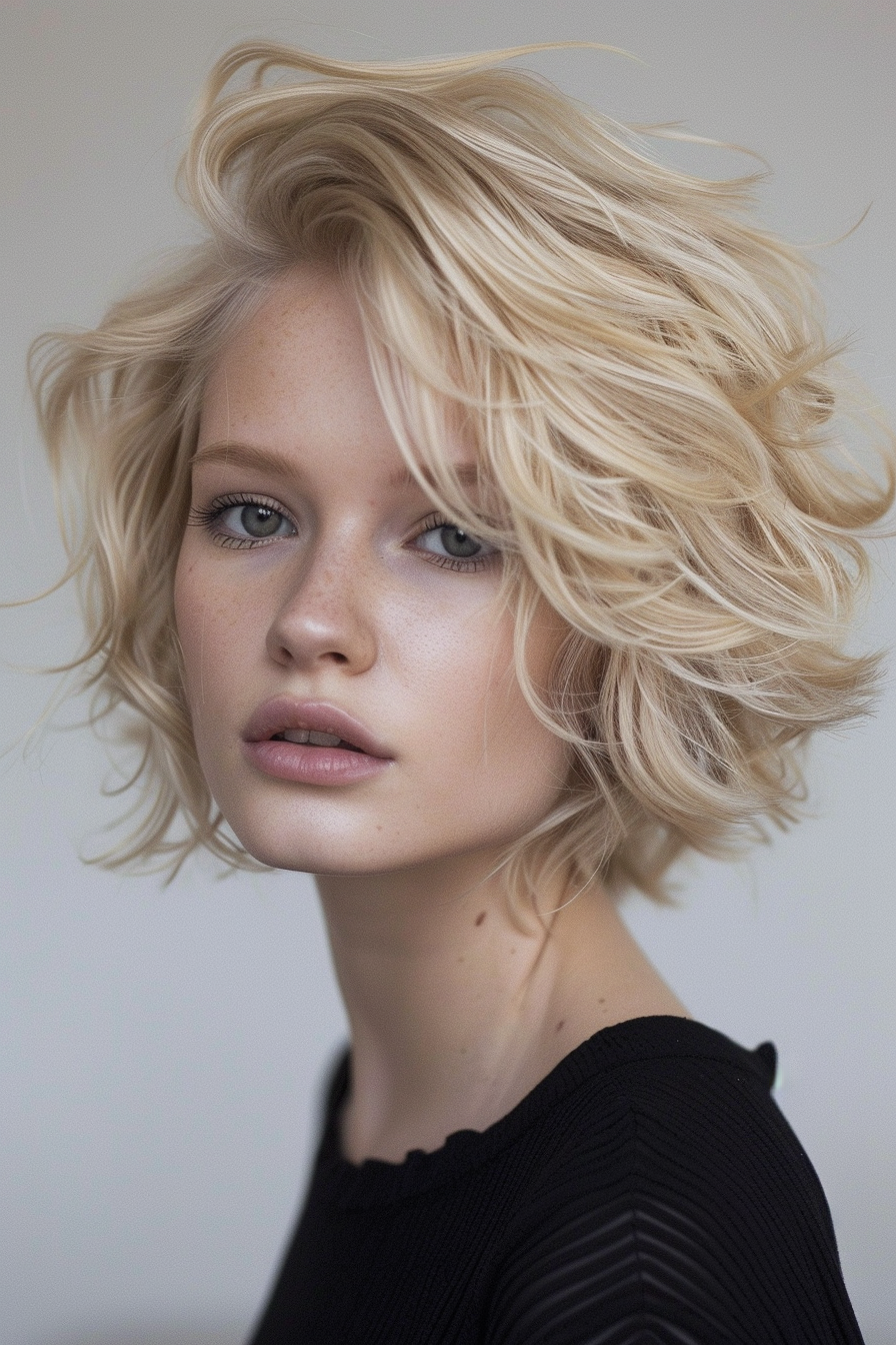 Short wavy hairstyle. Blonde cascading waves with a side part.