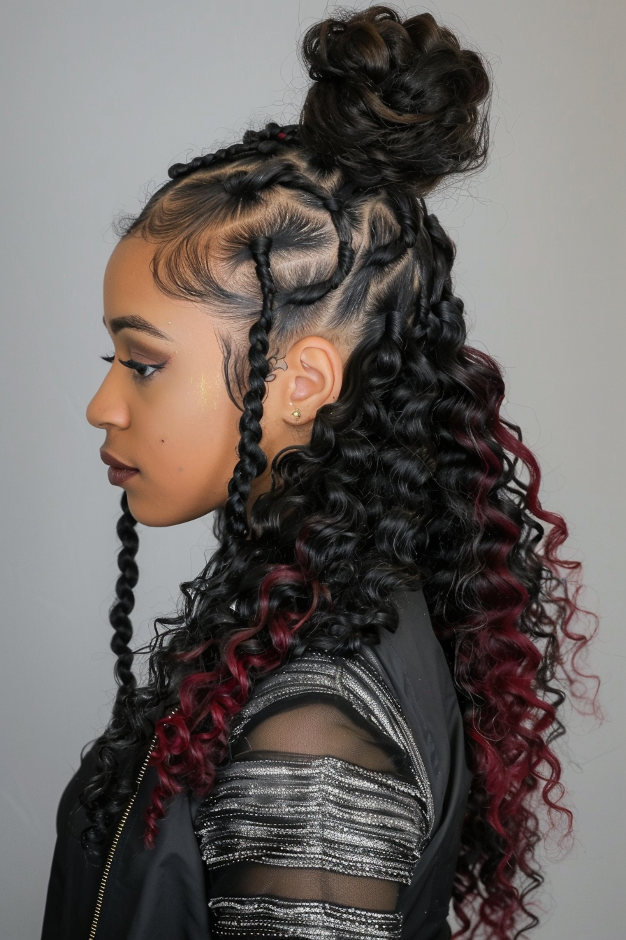 Half-Up Half-Down Weave Hairstyle. Curly textures with burgundy highlights.