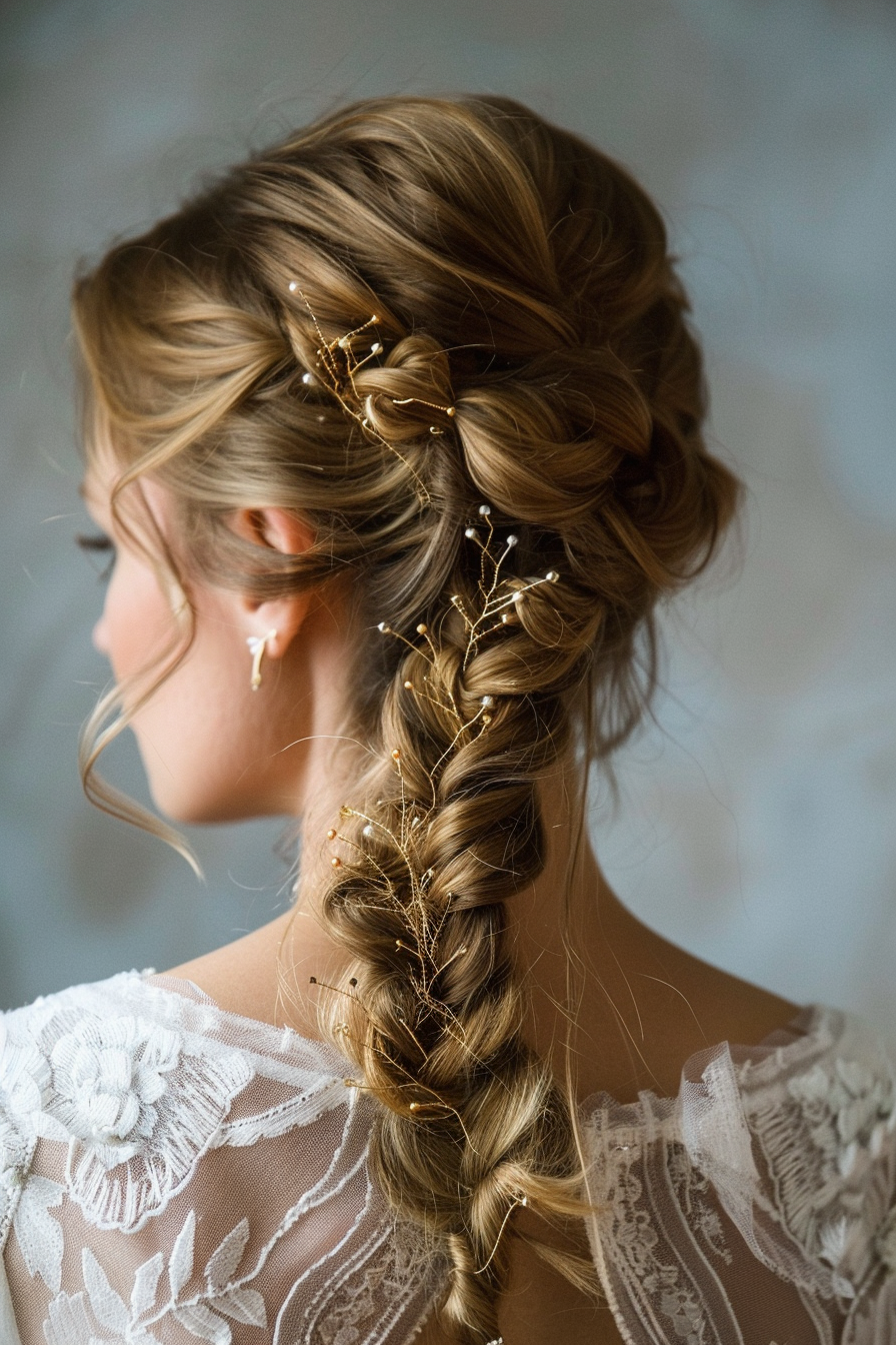 Fishtail braid woman hairstyle. Loose, side-parted fishtail braid with scattered hairpins.