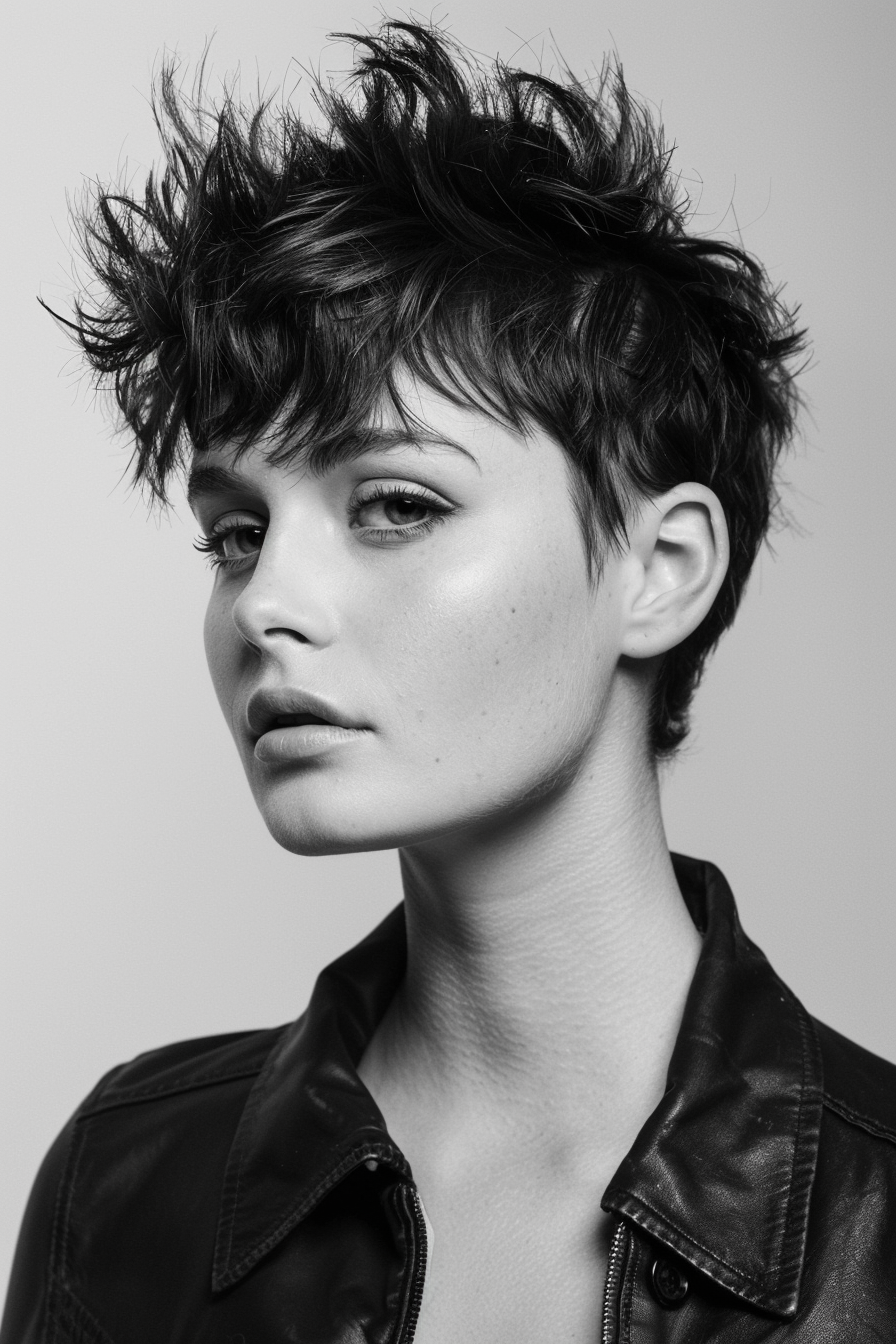 Woman hairstyle. Short, textured wolf cut with tousled fringe.