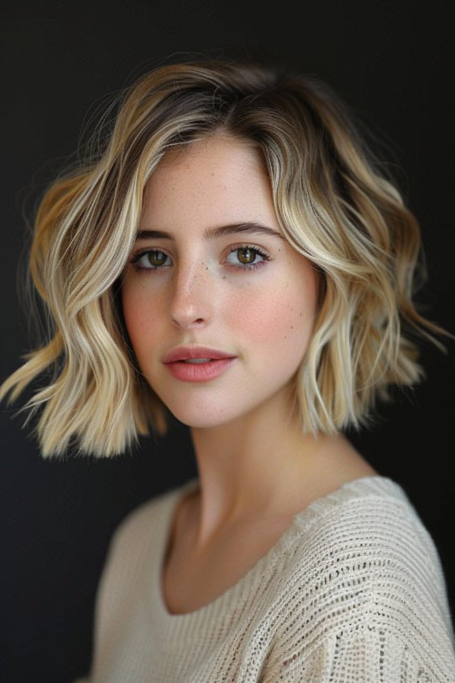 Short wavy hairstyle. Chin-length bob with light blonde highlights.