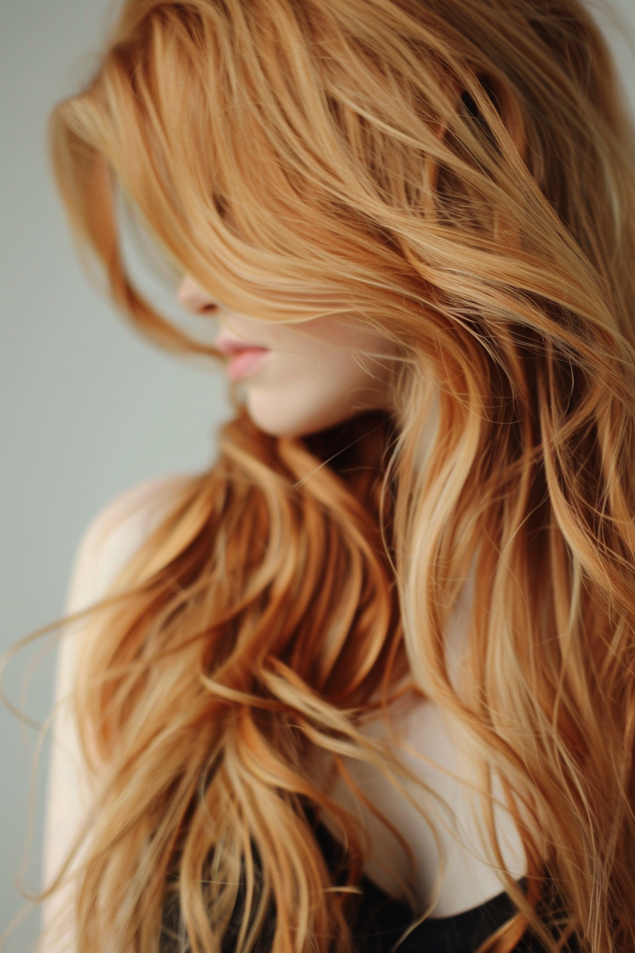 Strawberry blonde hairstyle. Loose beach waves.