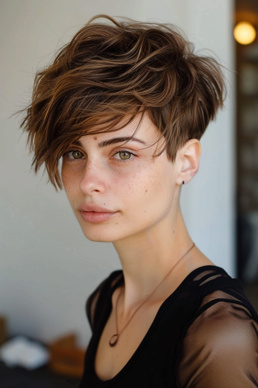 Woman's short hair. Modern wolf cut with light brown highlights.