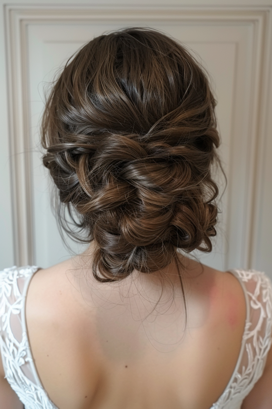 Prom updo hairstyle. Brunette long hair twisted into a braided bun.