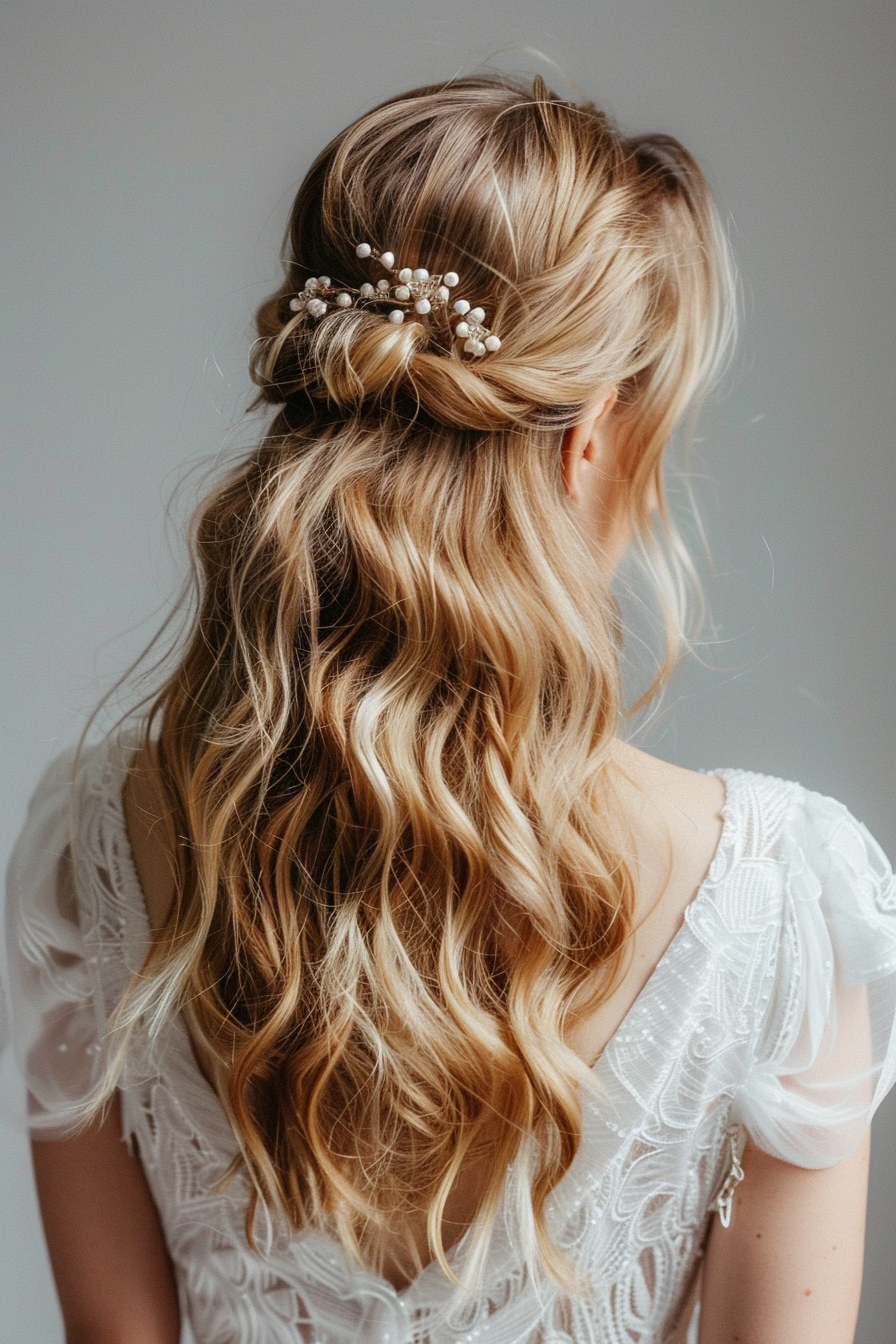 Long wavy hairstyle. Blonde waves with pearl hairpin.