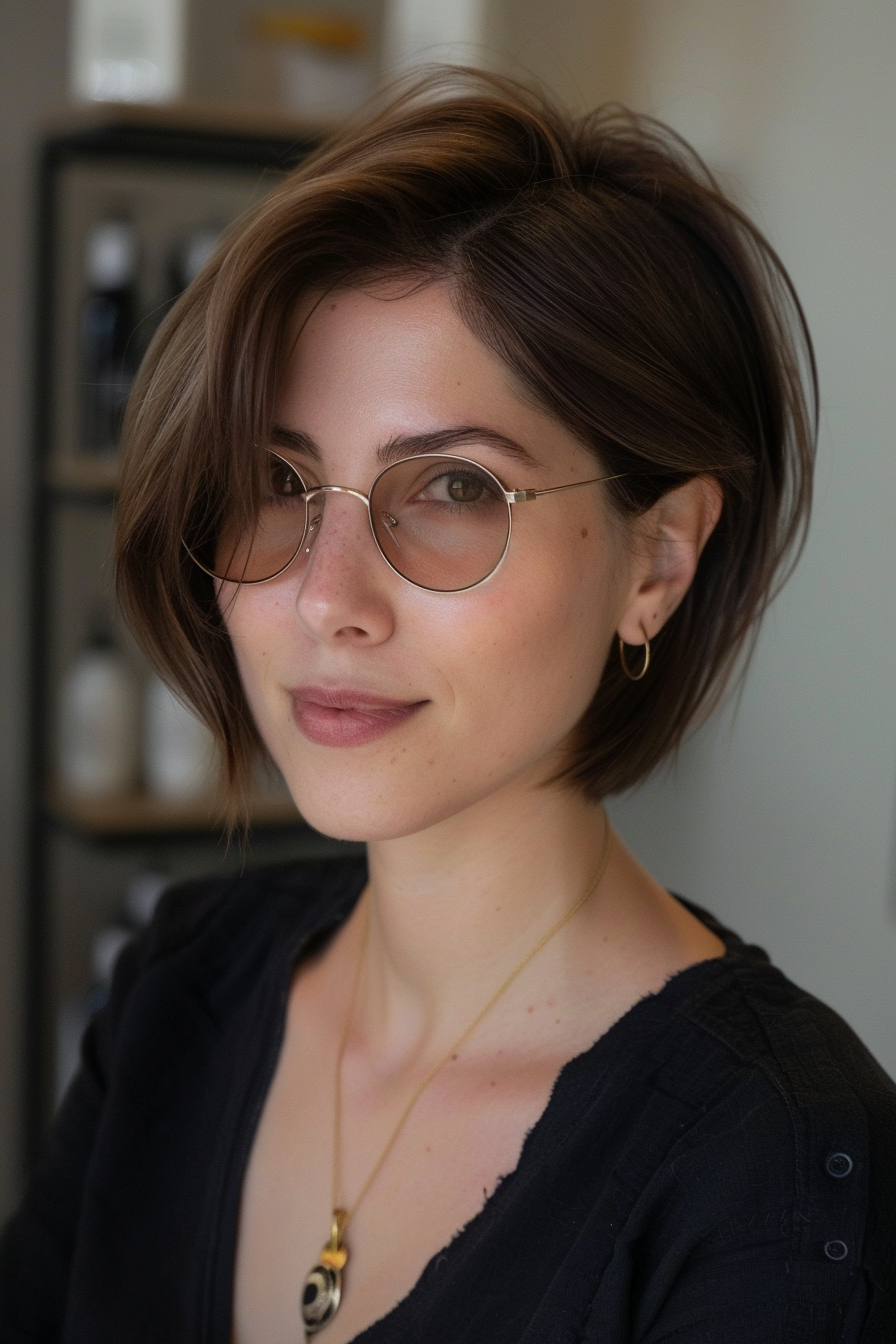 Trendy summer woman haircut. Pixie transition to medium bob.