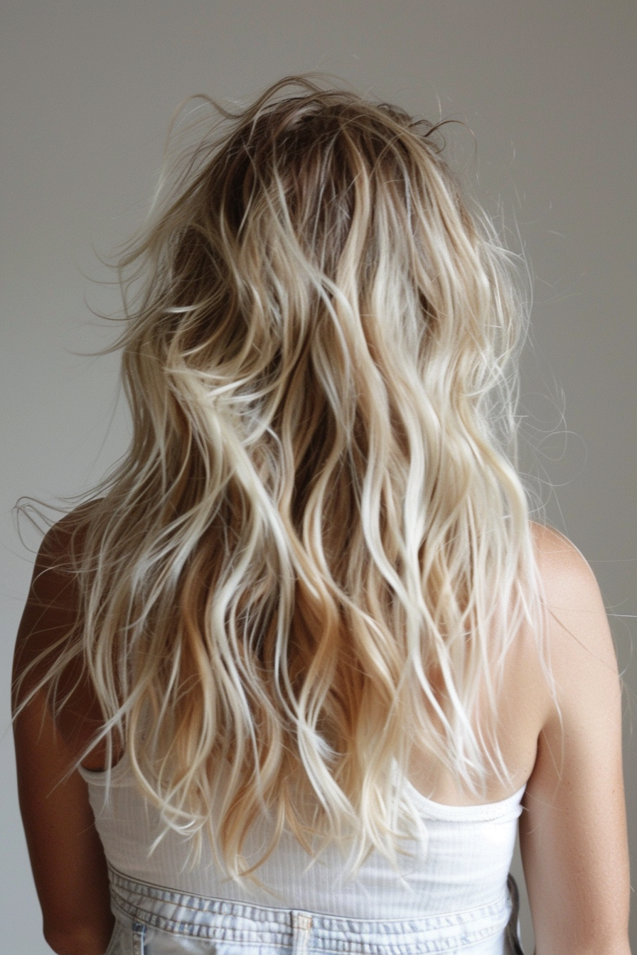 Summer hairstyle. Balayage beach blonde waves.