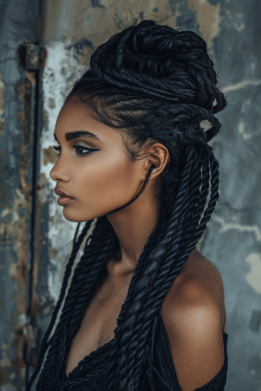 Comb twist hairstyle. Peruvian woman with midnight-black hair.