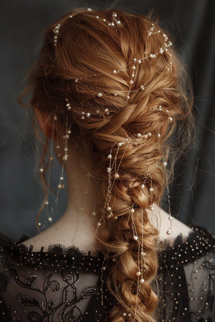 Two-strand twist hairstyle. Honey blonde hair with hanging pearls.