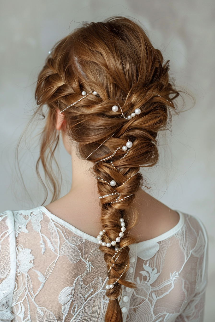 Woman hairstyle. Elegant fishtail braid with pearl hairpins.