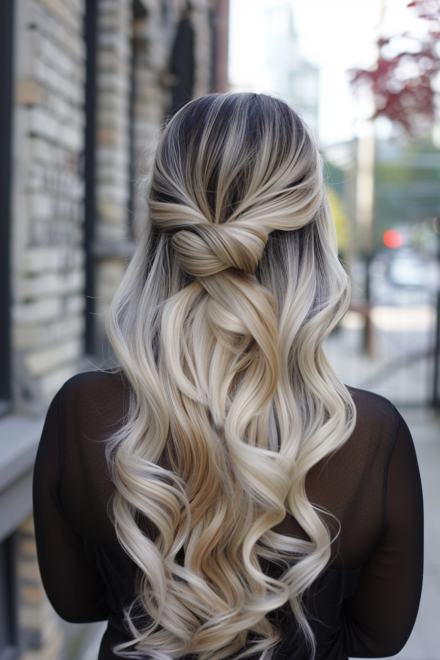 Half-up Half-Down Weave Hairstyle. Blonde Ombre with Barrel Curls.