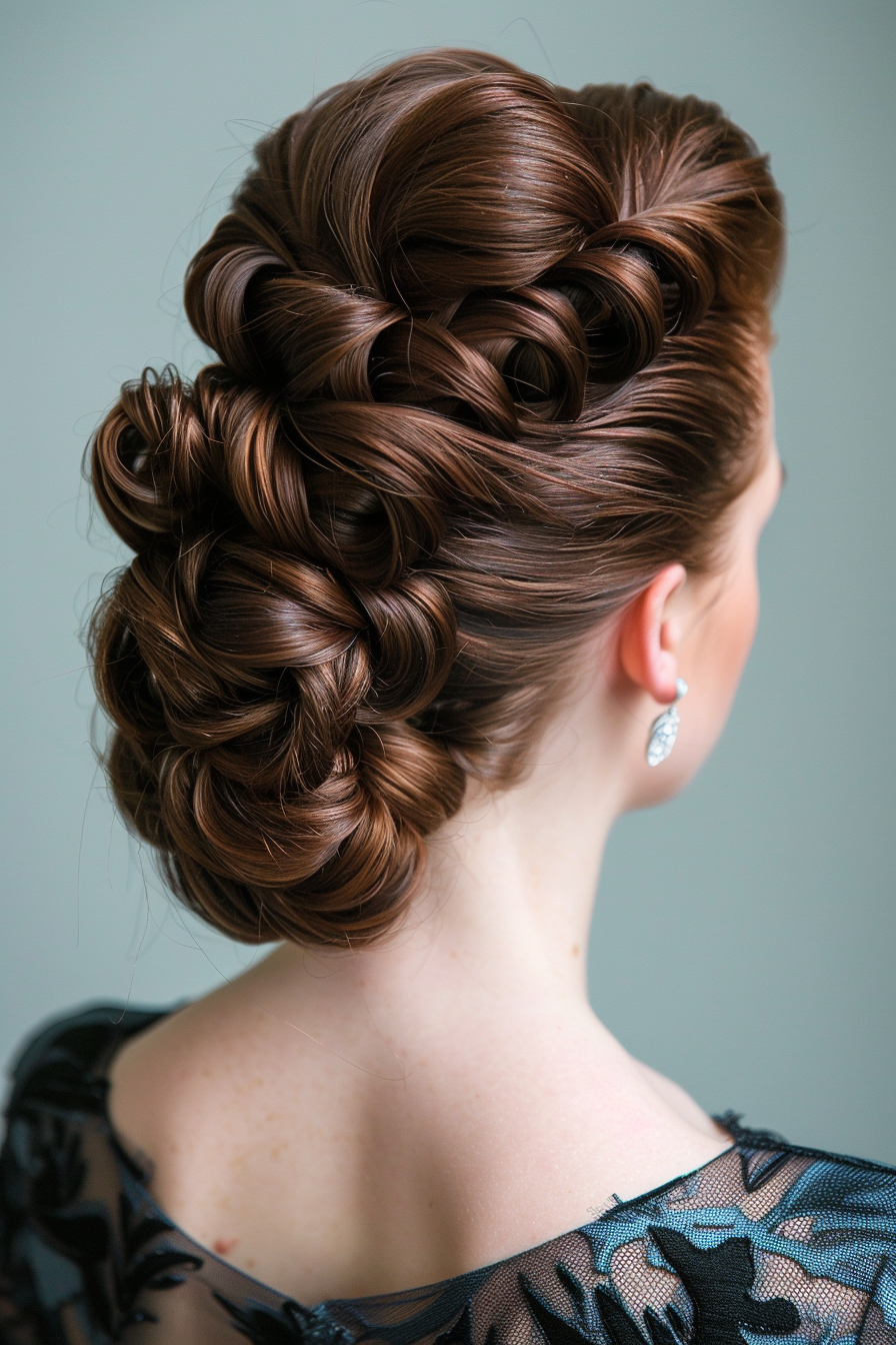 Prom updo woman hairstyle. Brunette long hair coiled in a French twist.