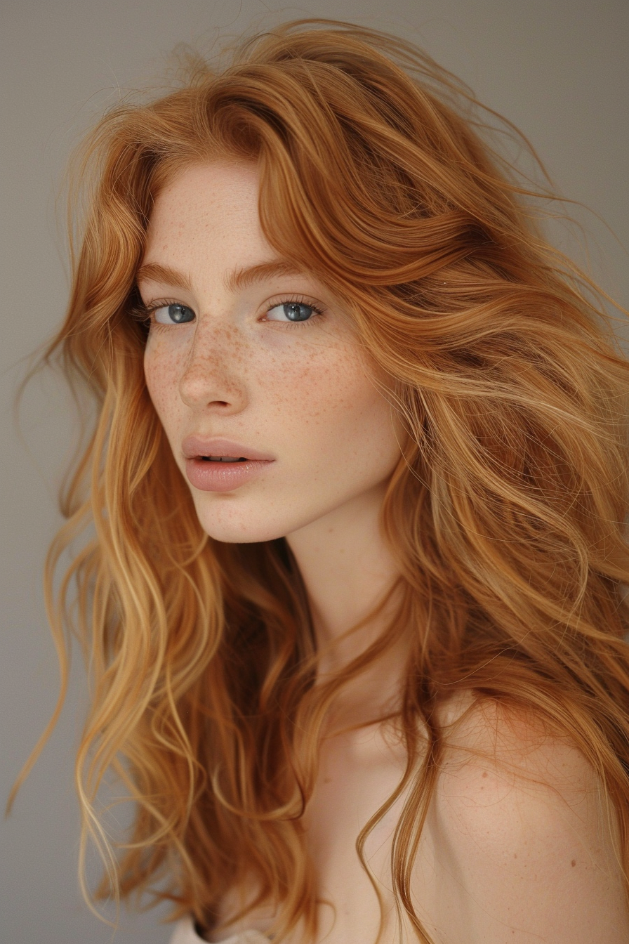 Strawberry blonde hairstyle. Loose waves gently brushing against the shoulders.