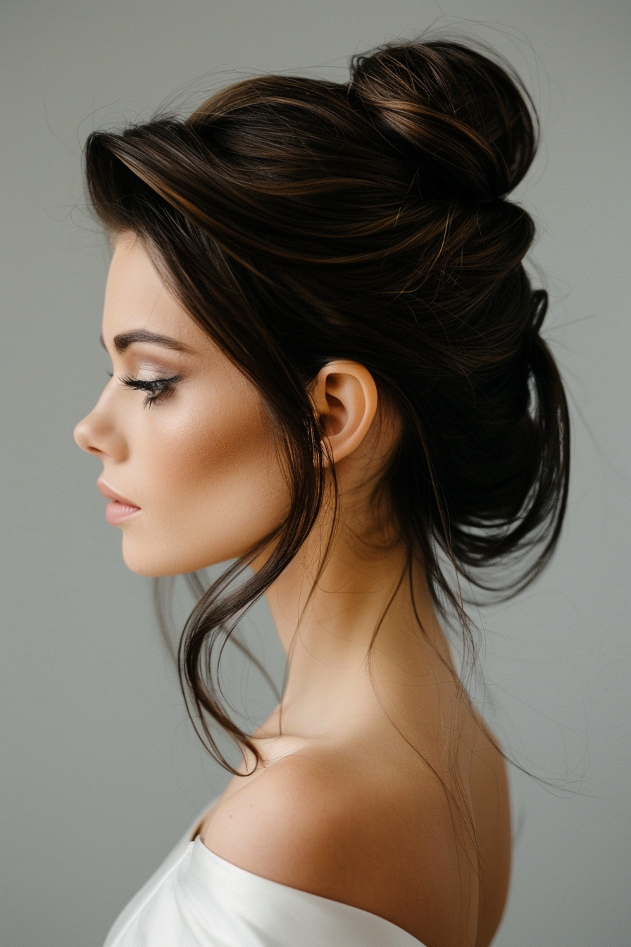 Woman's hairstyle. Long hair with sleek brunette pouf.