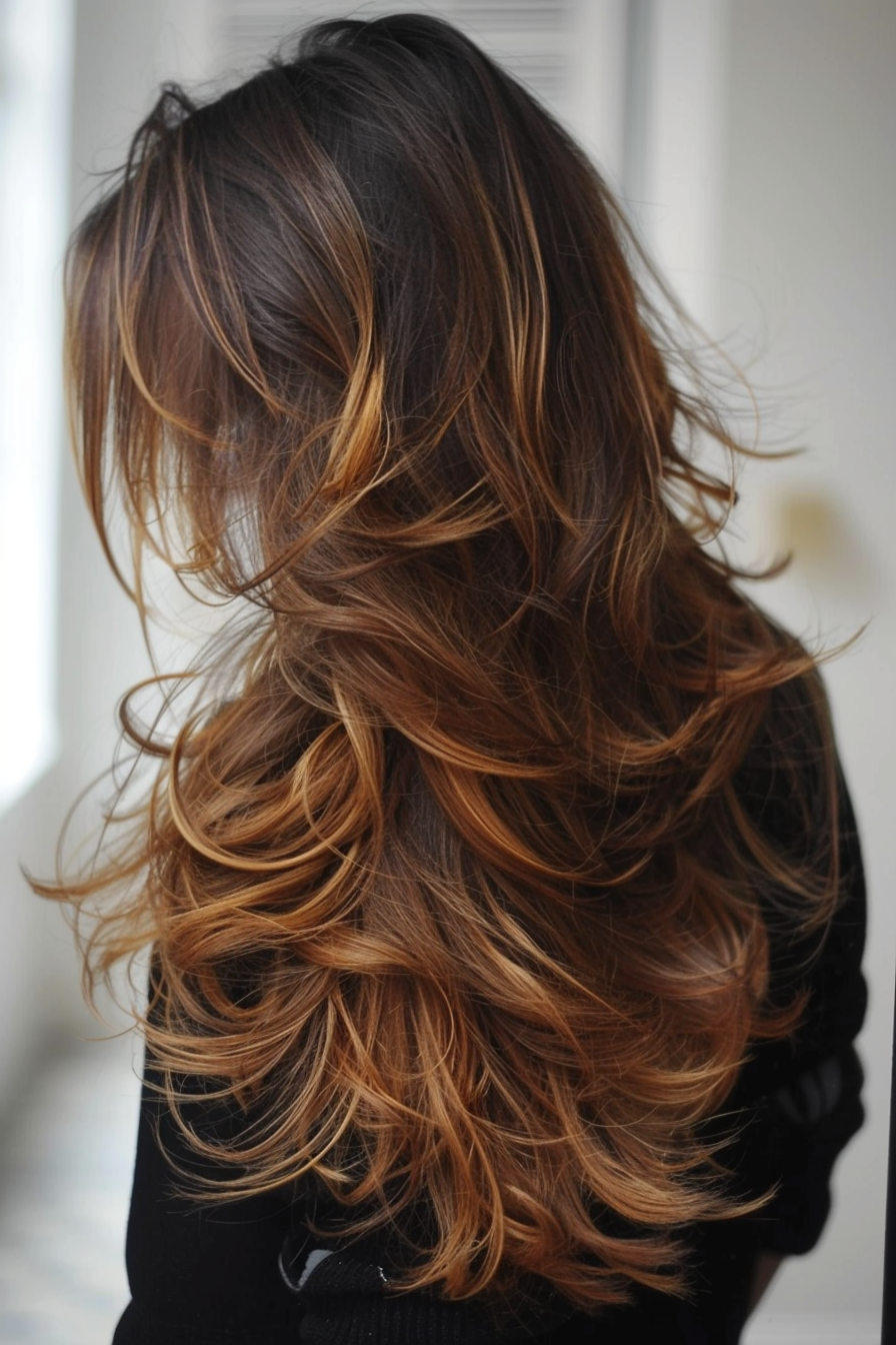 Layered haircut. Long curls with light brown Ombre ends.