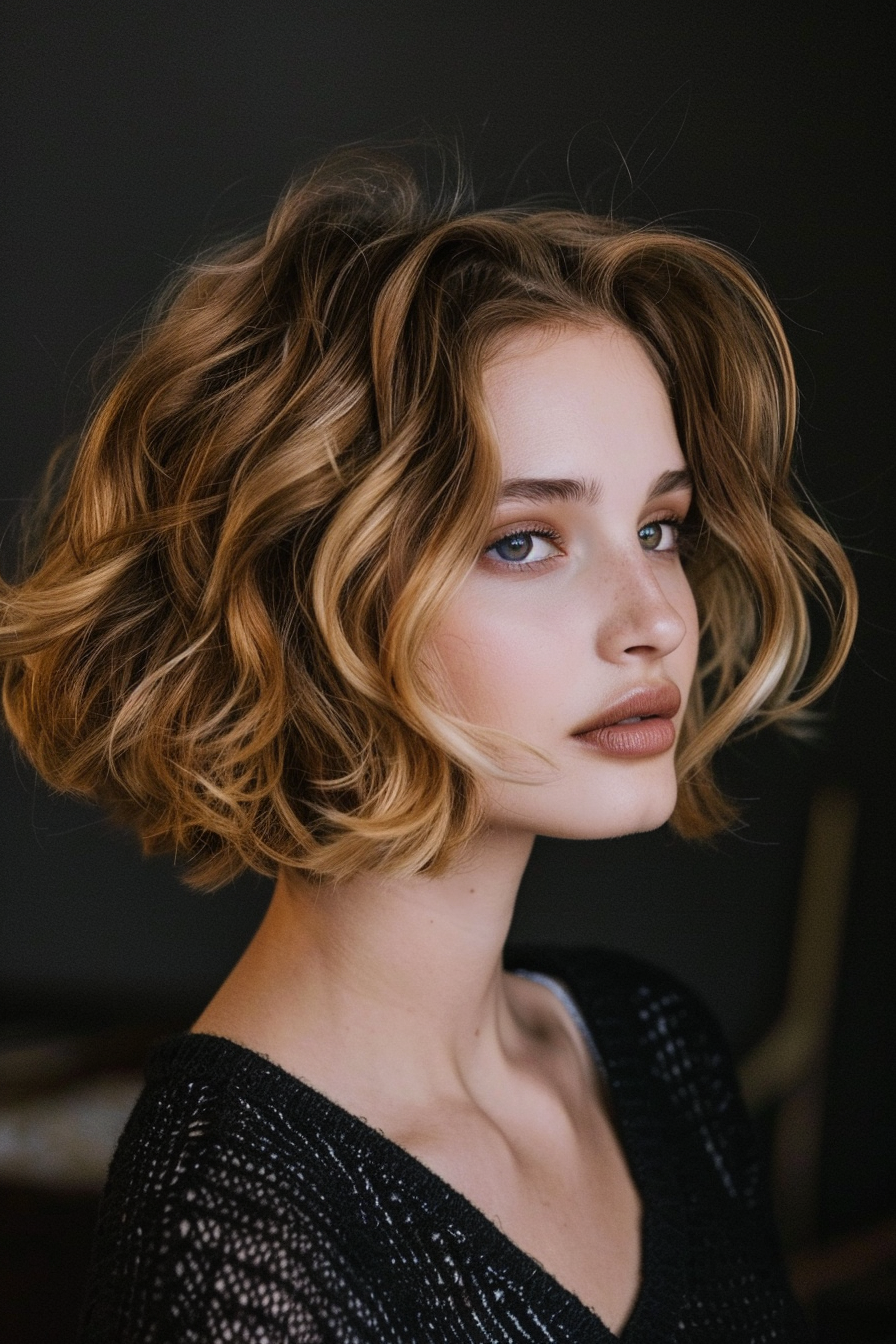 Short wavy hairstyle. Tousled golden-balayage lob.