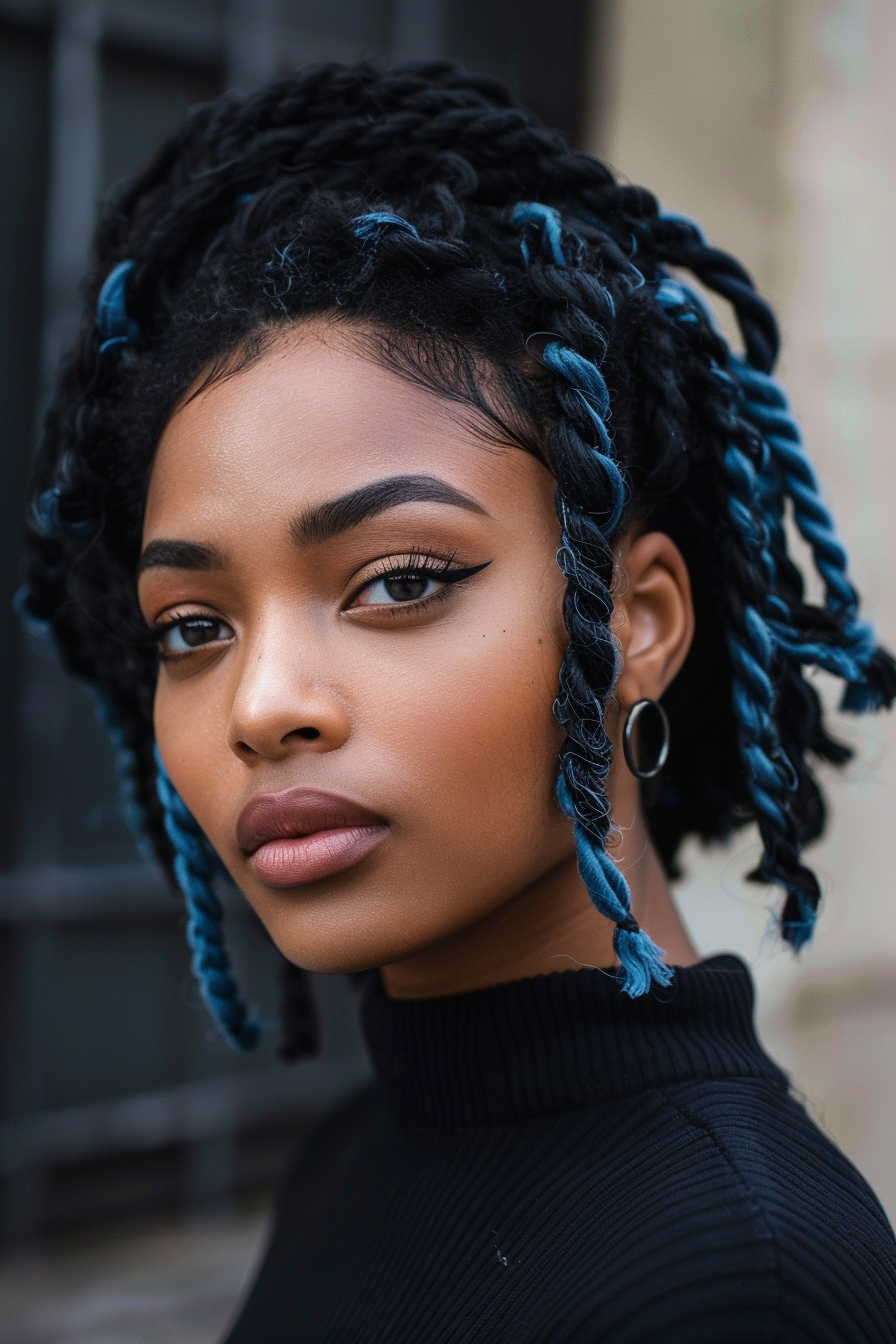 Two-strand twist woman hairstyle. Blue highlights on pitch-black shade twisted hair.