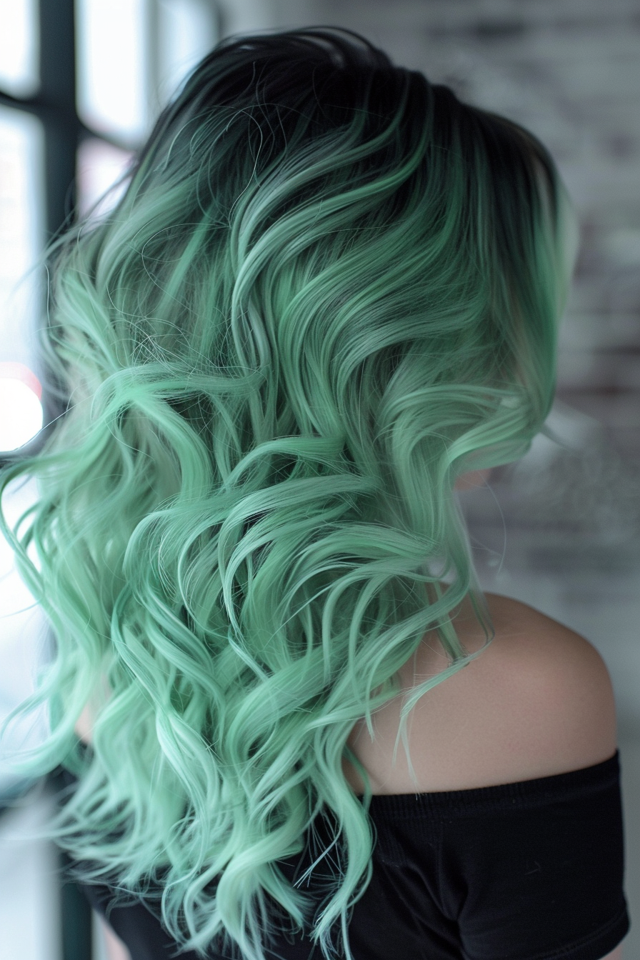 Green ombre hair woman hairstyle. Forest green roots transitioning to mint tips.