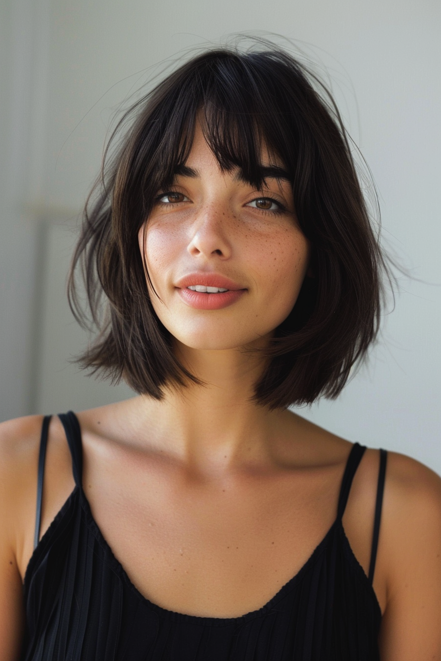 Chic shoulder-length woman hairstyle. Sleek bob with curtain bangs.