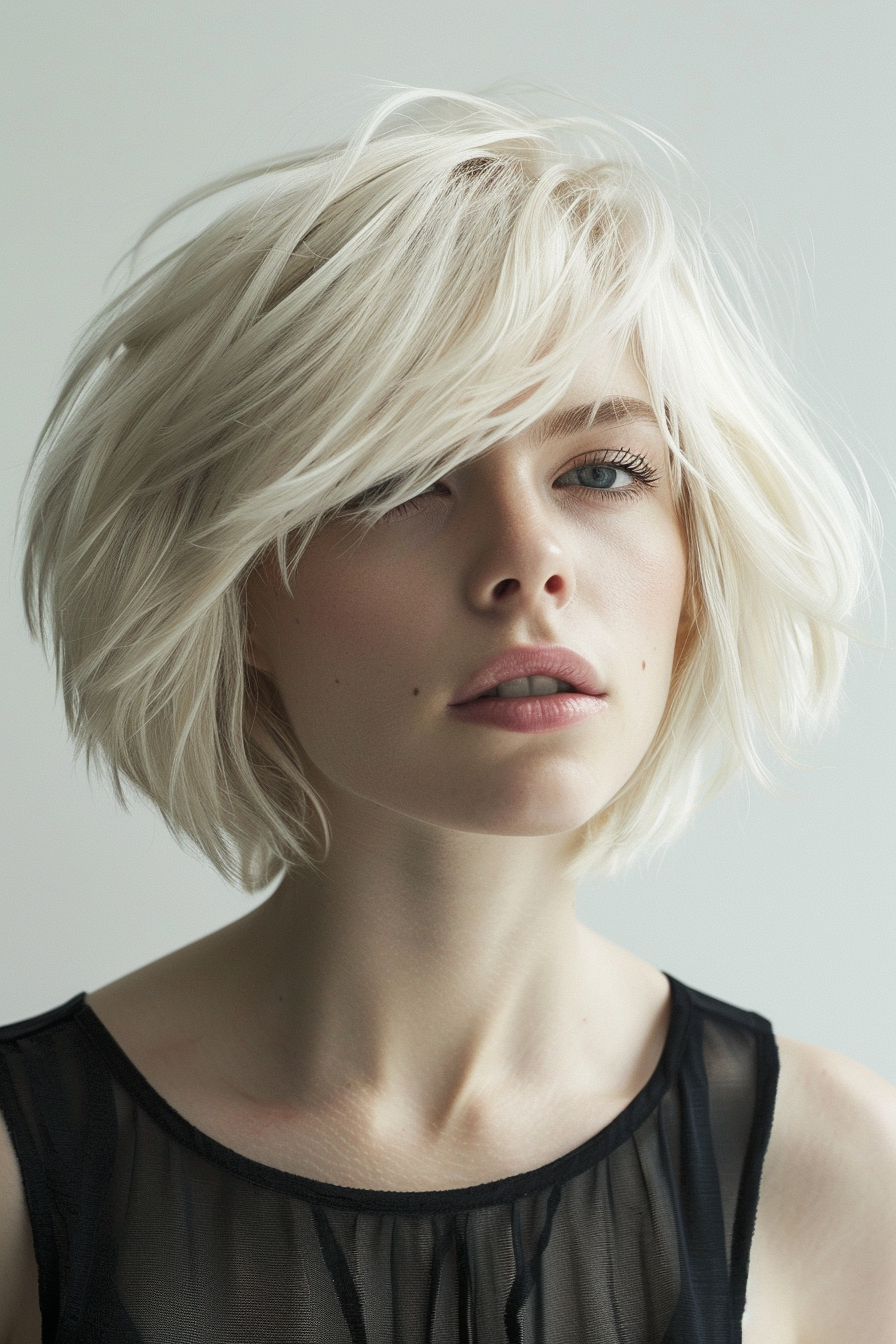 Summer bob woman hairstyle. Blonde, textured, angled cut.