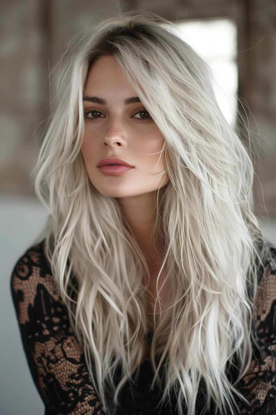 Long wavy woman hairstyle. Tousled Platinum Blonde hair with dark brown root.