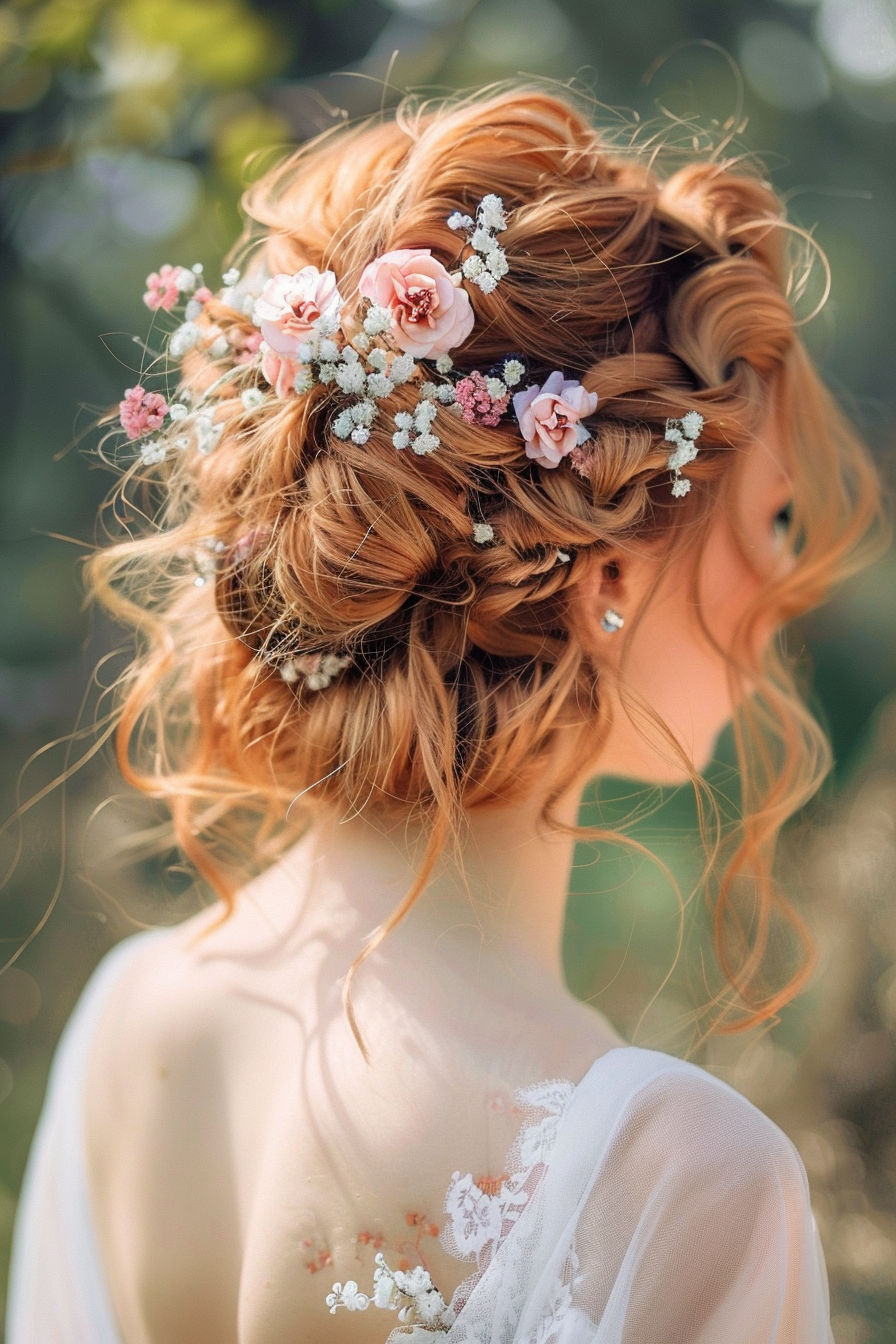 Strawberry blonde hair woman hairstyle. Loose curls with flower accessory.