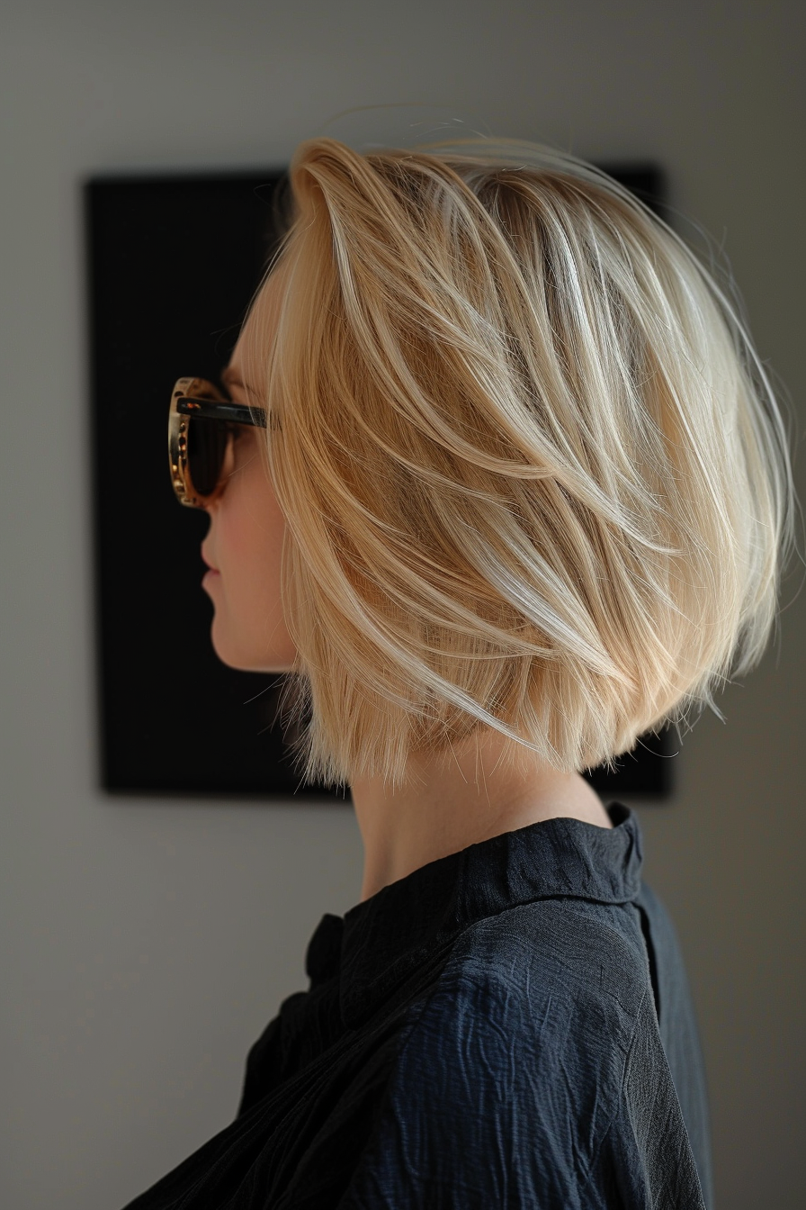 Bob hairstyle for woman in summer. Blonde, textured and angled cut.