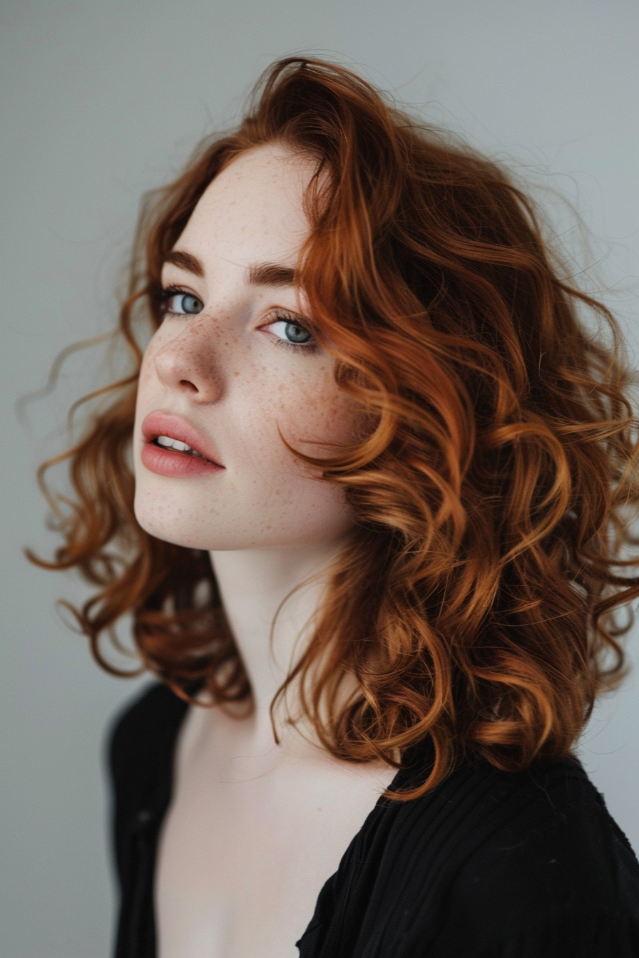 Woman hairstyle. Medium-length auburn hair in tight curls.