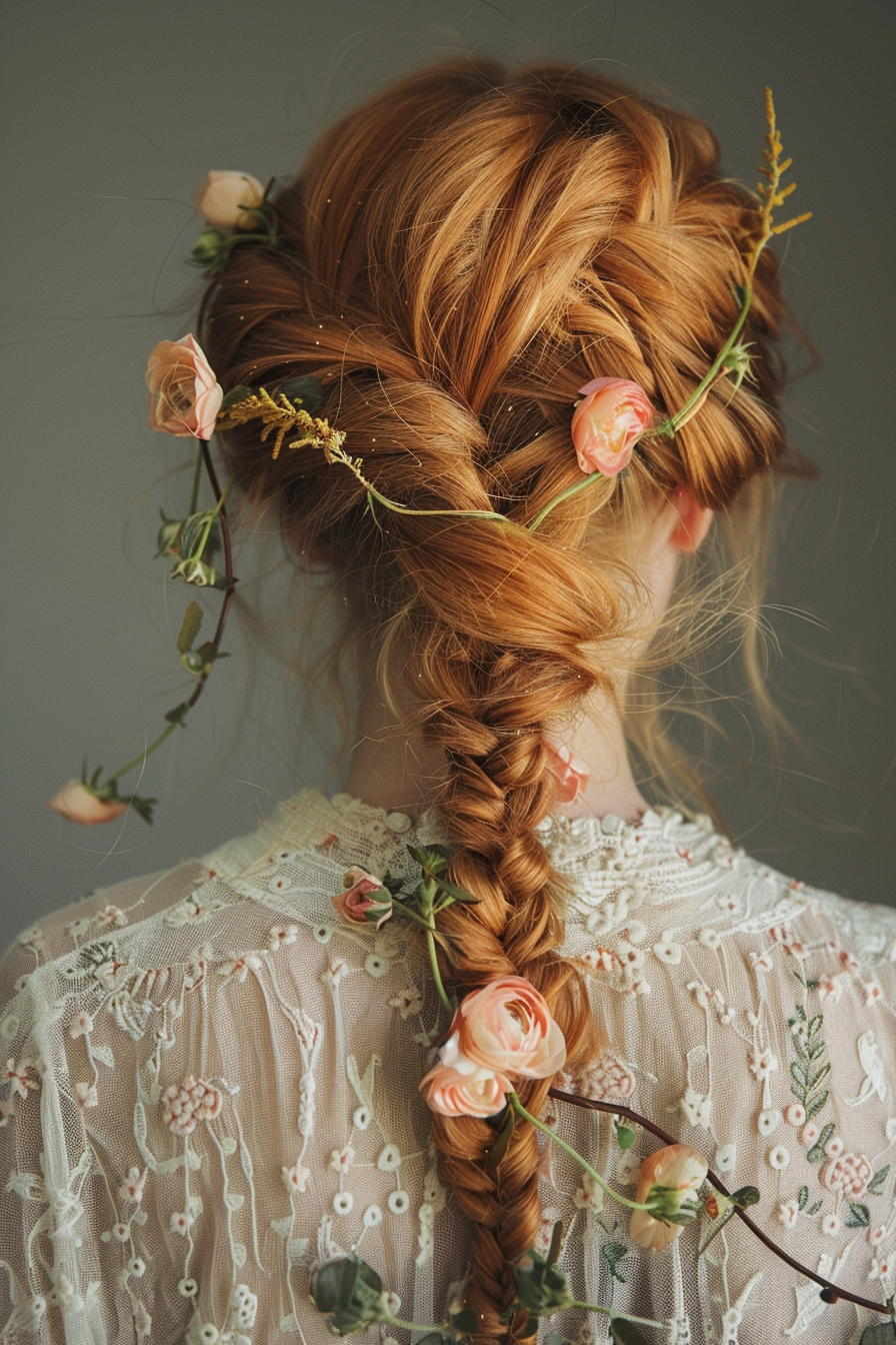 Strawberry blonde hair woman. Solitary braid with bouquet of hair flowers.