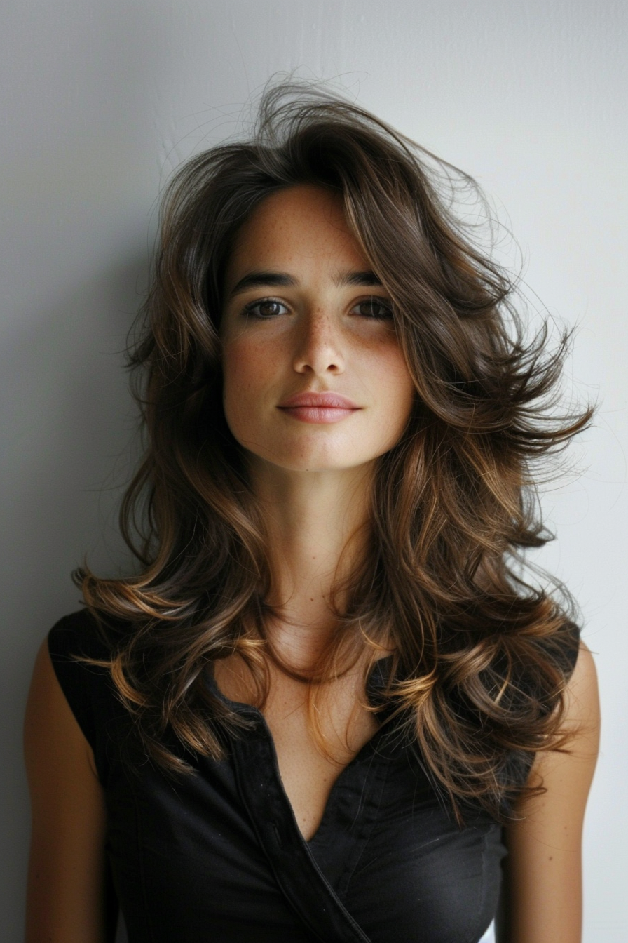 Layered haircut woman hairstyle. Voluminous, feathered layers with caramel highlights.