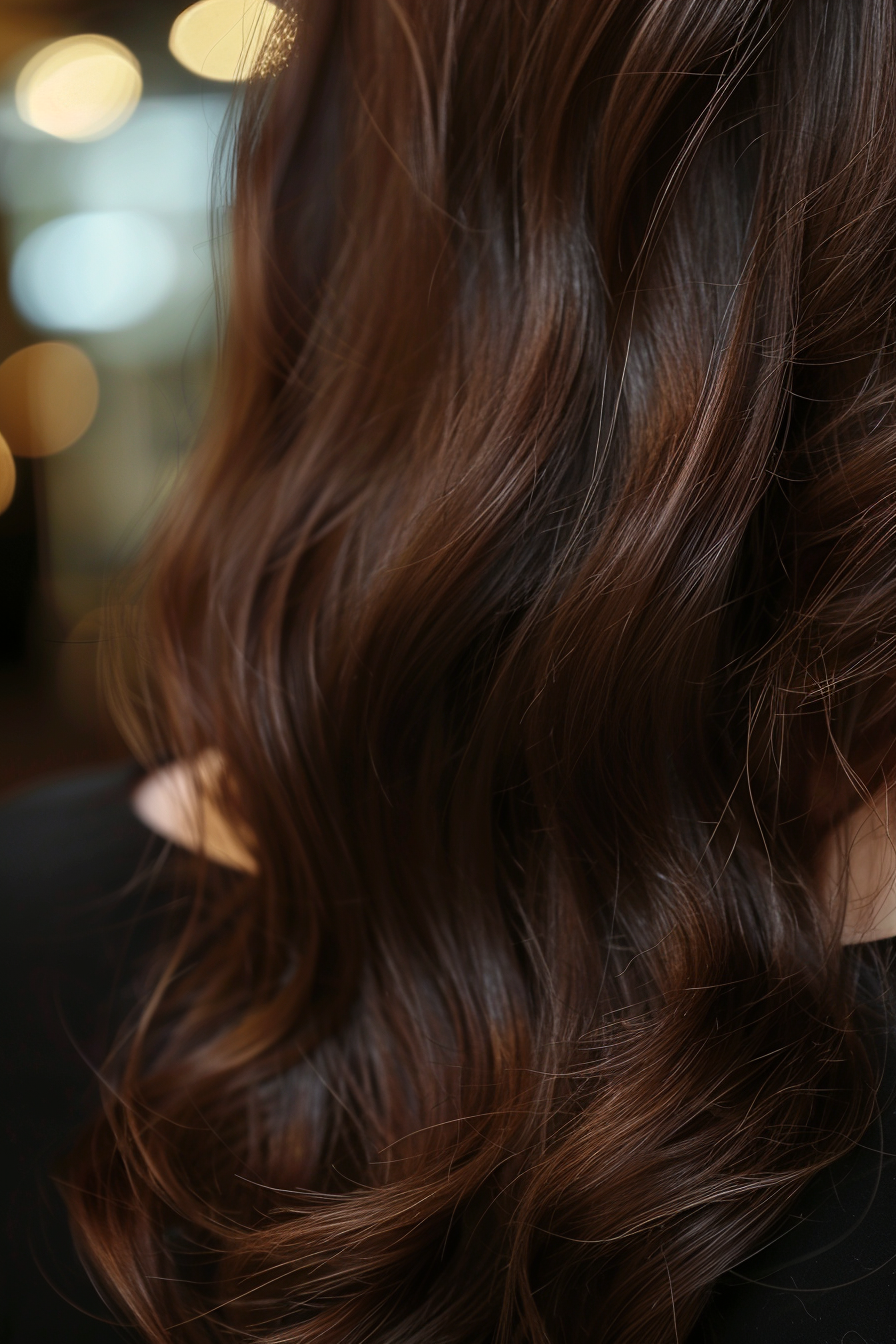 Layered haircut woman hairstyle. Voluminous wavy tresses, brown color, light streaks.