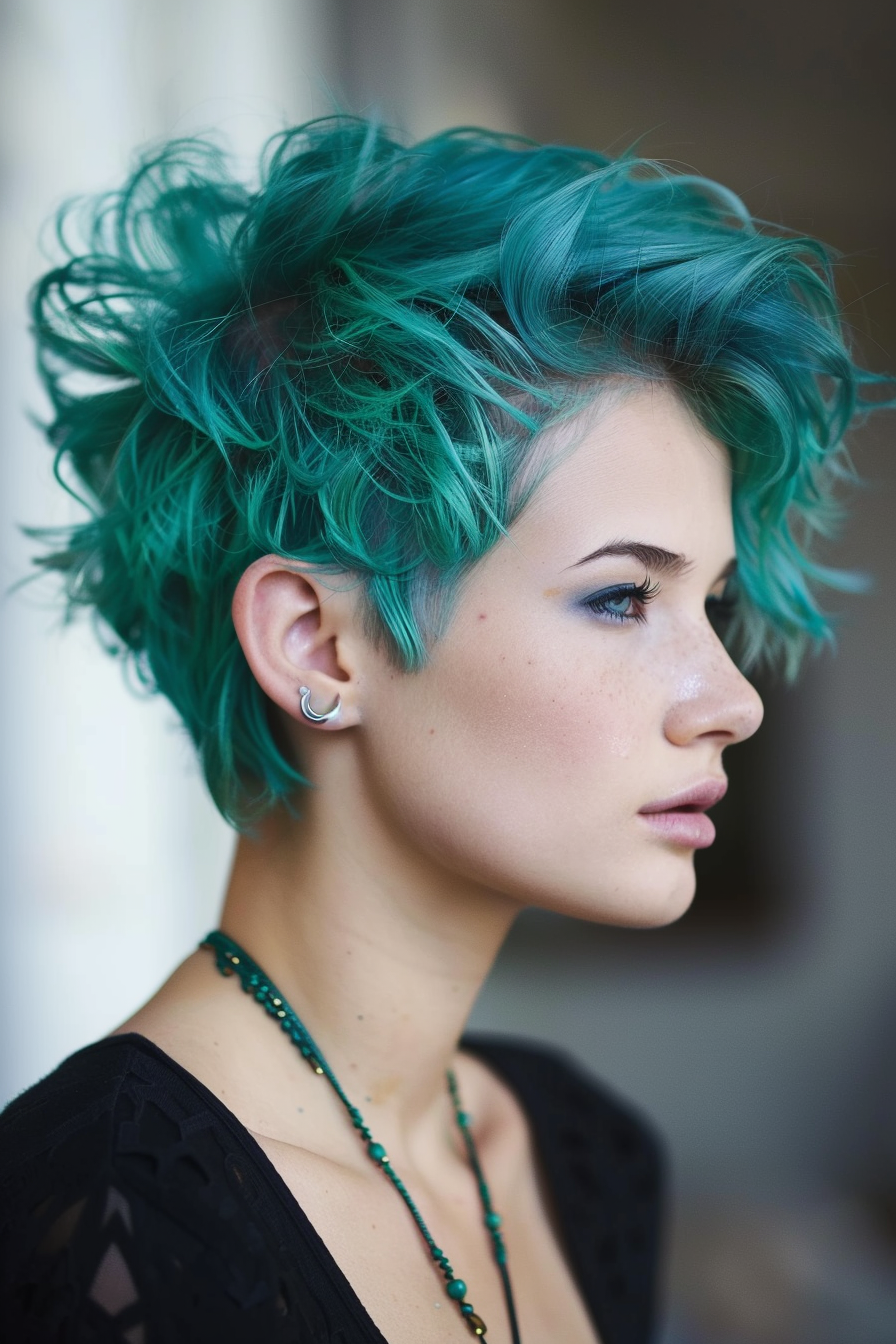 Wolf cut woman hairstyle. Teal-tinted short hair.