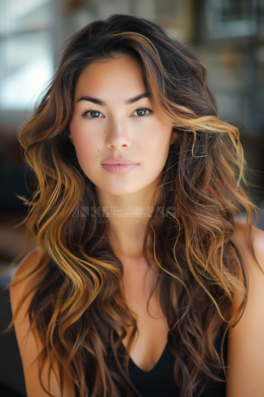 Long wavy hairstyle for women. Caramel highlights and side-parted loose waves.