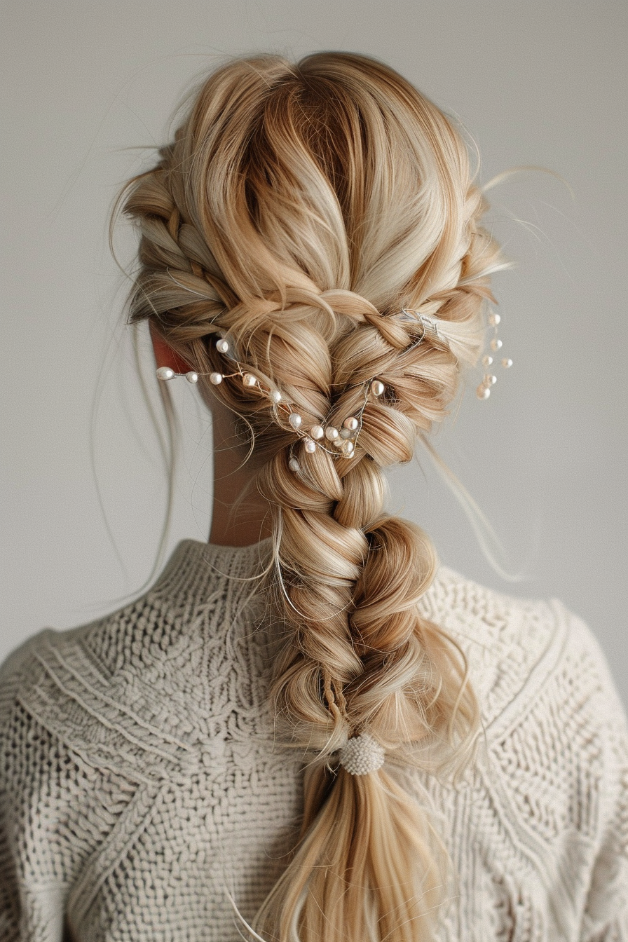 Woman hairstyle. Blonde fishtail braid tucked with pearl pins.