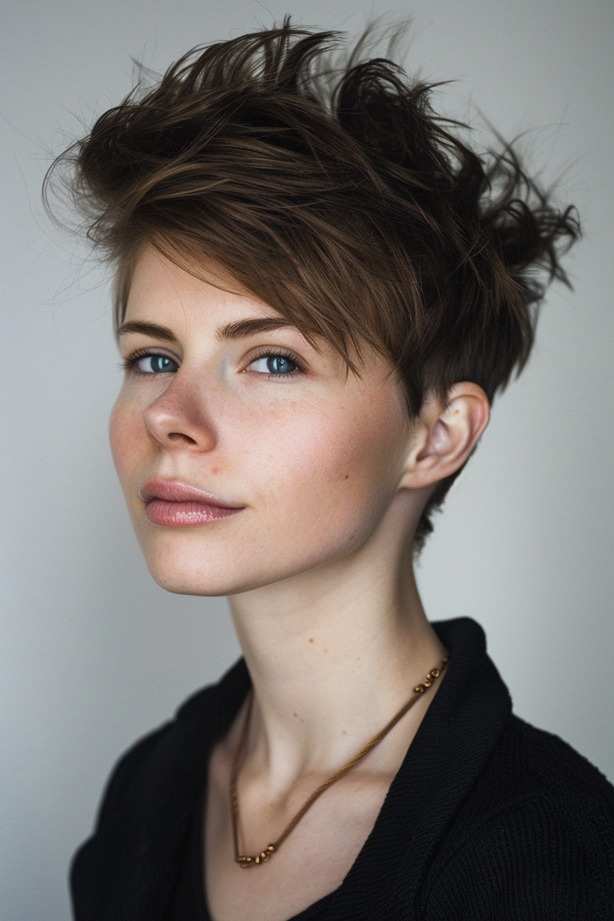 Woman hairstyle. Short hair modern wolf cut with feathered front layers.